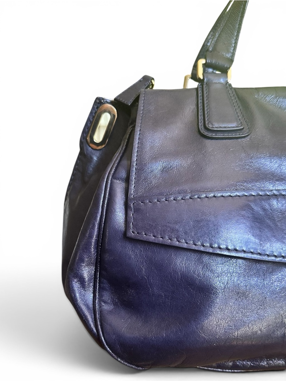 💙 Gianfranco Ferre Navy Leather Satchel Made Italy Gold Hardware - Picture 7 of 17